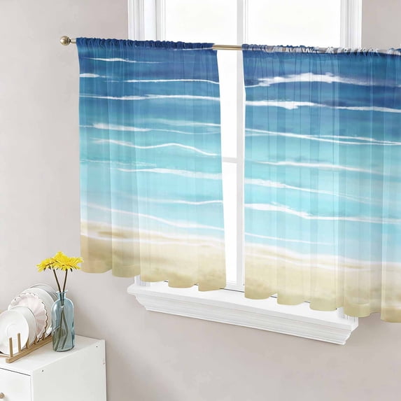 Sheer Curtains 45 Inches Long, Blue Beige Ombre Light Filtering Window Curtains for Living Room, Coastal Nautical Summer Beach Wave Rod Pocket Voile Sheer Curtain Drapes, 52"W x 45"L, 2 Panels