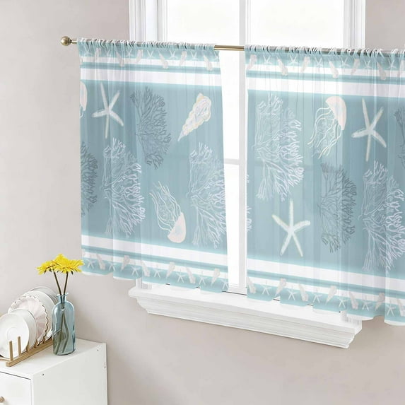 Sheer Curtains 45 Inches Long, Blue Coastal Light Filtering Window Curtains for Living Room, Nautical Beach Summer Sea Starfish Coral Rod Pocket Voile Sheer Curtain Drapes, 52"W x 45"L, 2 Panels