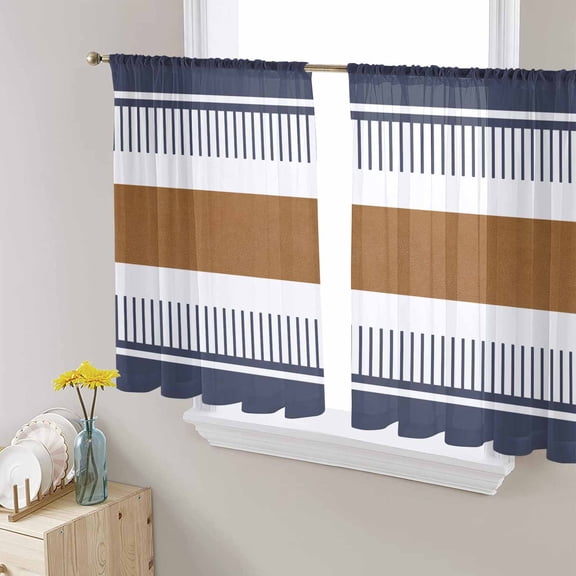 Sheer Curtains 45 Inches Long, Boho Contemporary Geometric Striped Light Filtering Window Curtains for Living Room, Modern Brown Blue Rod Pocket Voile Sheer Curtain Drapes, 52"W x 45"L, 2 Panels
