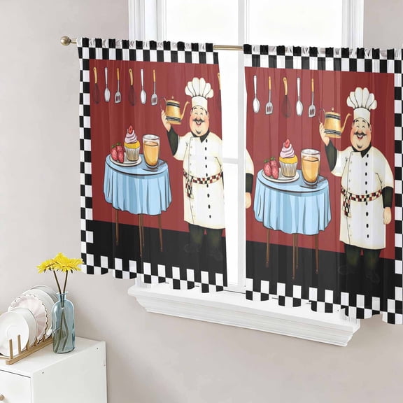 Sheer Curtains 45 Inches Long, Chef Light Filtering Window Curtains for Living Room, Cartoon Red Food Cooking Black White Buffalo Check Rod Pocket Voile Sheer Curtain Drapes, 52"W x 45"L, 2 Panels