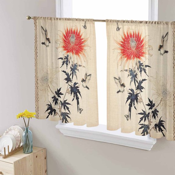 Sheer Curtains 45 Inches Long, Classical Spring Summer Plant Light Filtering Window Curtains for Living Room/Bedroom, Retro Flower Bird, Rod Pocket Voile Sheer Curtain Drapes, 52"W x 45"L, 2 Panels