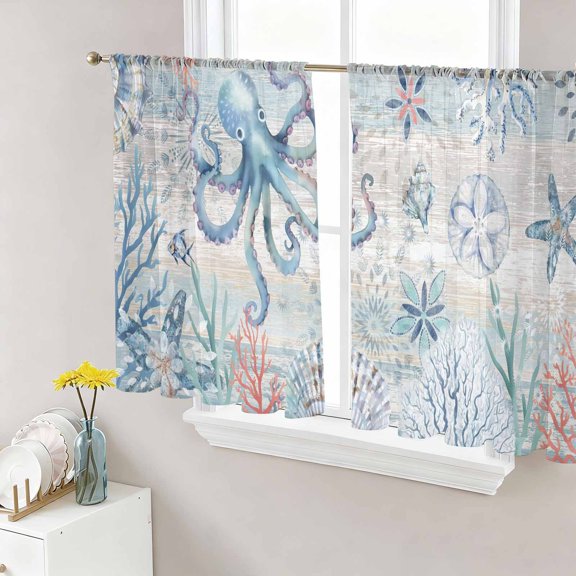 Sheer Curtains 45 Inches Long, Coastal Octopus Light Filtering Window Curtains for Living Room, Farmhouse Nautical Ocean Conch Coral Rod Pocket Voile Sheer Curtain Drapes, 52"W x 45"L, 2 Panels