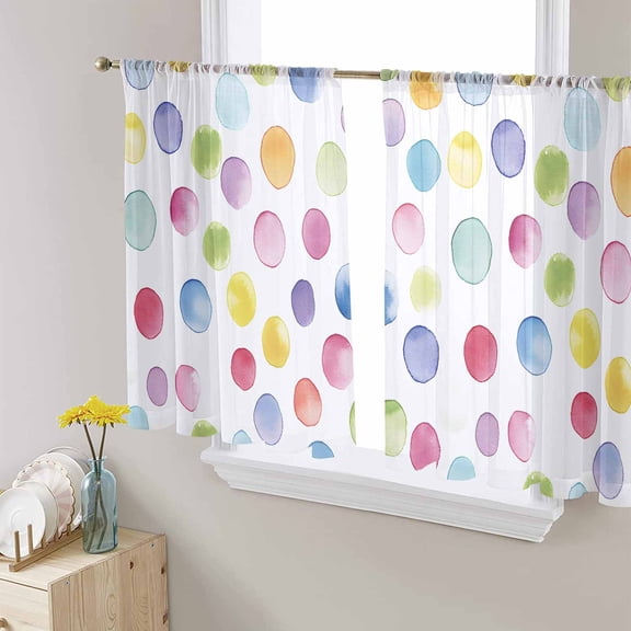 Sheer Curtains 45 Inches Long, Colorful Boho Tainted Pattern Polka Dot Modern Light Filtering Window Curtains for Living Room, Rainbow Rod Pocket Voile Sheer Curtain Drapes, 52"W x 45"L, 2 Panels
