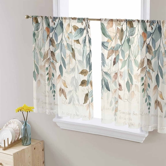 Sheer Curtains 45 Inches Long, Farmhouse Eucalyptus Leaves Rustic Light Filtering Window Curtains for Living Room, Green Brown Botanical Rod Pocket Voile Sheer Curtain Drapes, 52"W x 45"L, 2 Panels
