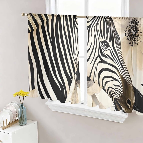 Sheer Curtains 45 Inches Long, Floral Zebra Light Filtering Window Curtains for Living Room, Black Stripes Flowers Plant Spring Botanical Rod Pocket Voile Sheer Curtain Drapes, 52"W x 45"L, 2 Panels