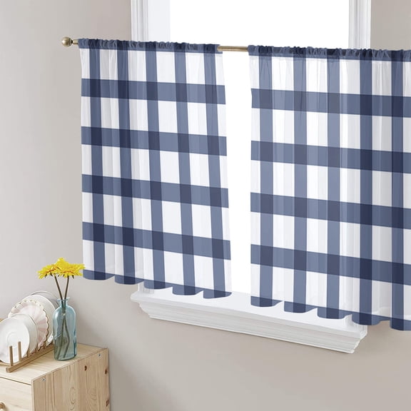 Sheer Curtains 45 Inches Long, Geometrical Abstract Lattice Light Filtering Window Curtains for Living Room/Bedroom, Navy Blue Plaid Check, Rod Pocket Voile Sheer Curtain Drapes, 52"Wx45"L, 2 Panels