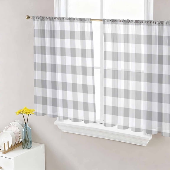 Sheer Curtains 45 Inches Long, Grey Plaid Light Filtering Window Curtains for Living Room, Gradient Geometric Buffalo White Checkered Rod Pocket Voile Sheer Curtain Drapes, 52"W x 45"L, 2 Panels