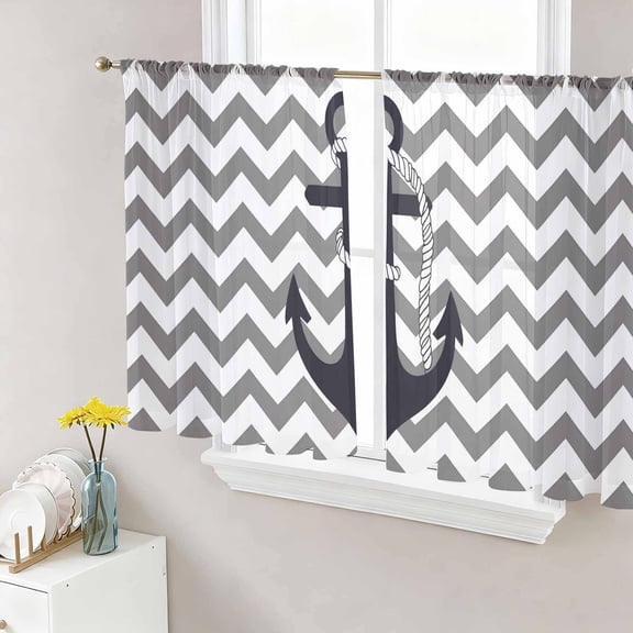 Sheer Curtains 45 Inches Long, Grey Zigzag Light Filtering Window Curtains for Living Room/Bedroom, Coastal Nautical Anchor Stripes Rod Pocket Voile Sheer Curtain Drapes, 52"W x 45"L, 2 Panels
