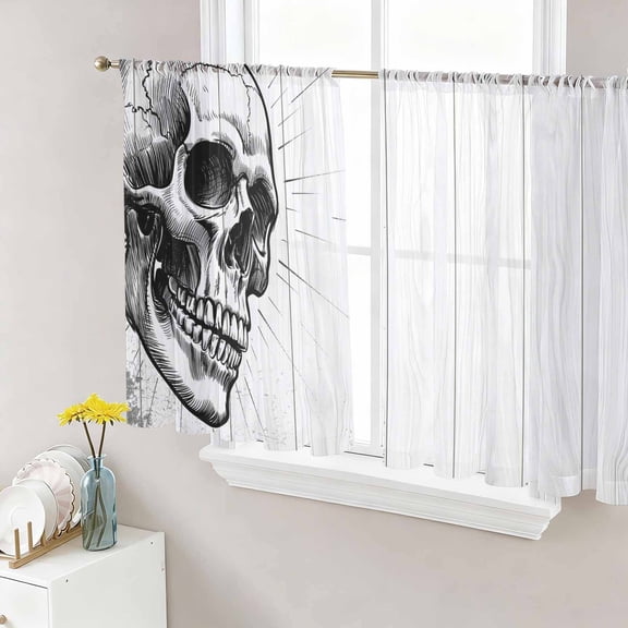 Sheer Curtains 45 Inches Long, Horror Skull Light Filtering Window Curtains for Living Room/Bedroom, Black Skeleton Spooky Halloween Rod Pocket Voile Sheer Curtain Drapes, 52"W x 45"L, 2 Panels