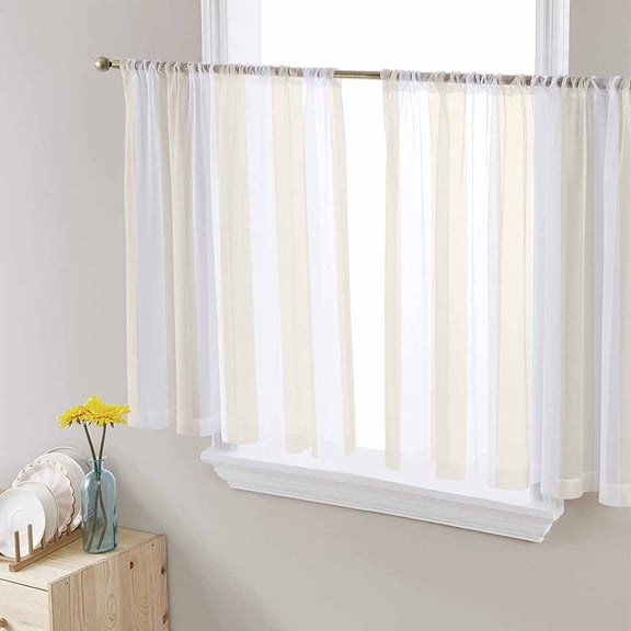 Sheer Curtains 45 Inches Long, Modern Farmhouse Cream White Stripes Light Filtering Window Curtains for Living Room/Bedroom, Cream Striped Rod Pocket Voile Sheer Curtain Drapes, 52"W x 45"L, 2 Panels