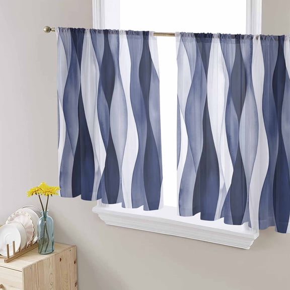 Sheer Curtains 45 Inches Long, Modern Moire Abstract Ripple Geometric Light Filtering Window Curtains for Living Room/Bedroom, Navy Blue Rod Pocket Voile Sheer Curtain Drapes, 52"W x 45"L, 2 Panels