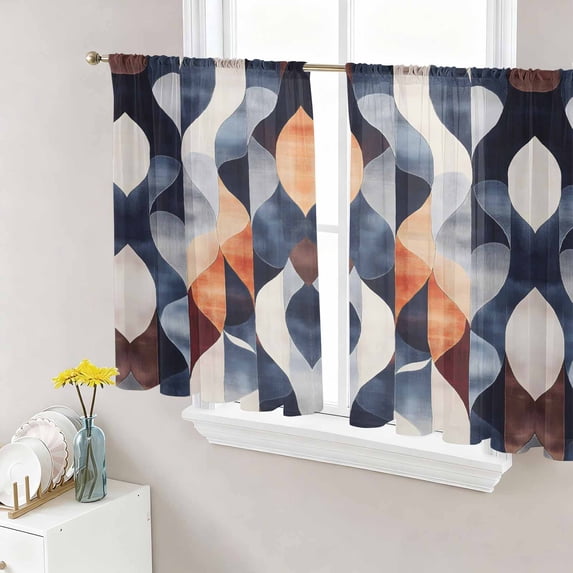 Sheer Curtains 45 Inches Long, Navy Blue Burnt Orange Light Filtering Window Curtains for Living Room/Bedroom, Geometric Retro Abstract Rod Pocket Voile Sheer Curtain Drapes, 52"W x 45"L, 2 Panels