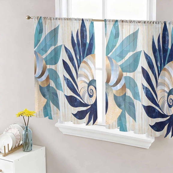 Sheer Curtains 45 Inches Long, Navy Blue Teal Coastal Light Filtering Window Curtains for Living Room, Abstract Art Nautical Ocean Conch Rod Pocket Voile Sheer Curtain Drapes, 52"W x 45"L, 2 Panels