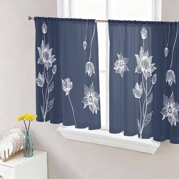 Sheer Curtains 45 Inches Long, Navy Blue White Floral Light Filtering Window Curtains for Living Room, Abstract Art Summer Botanical Rod Pocket Voile Sheer Curtain Drapes, 52"W x 45"L, 2 Panels