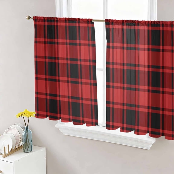 Sheer Curtains 45 Inches Long, Red Black Plaid Light Filtering Window Curtains for Living Room, Vintage Farmhouse Abstract Buffalo Check Rod Pocket Voile Sheer Curtain Drapes, 52"W x 45"L, 2 Panels