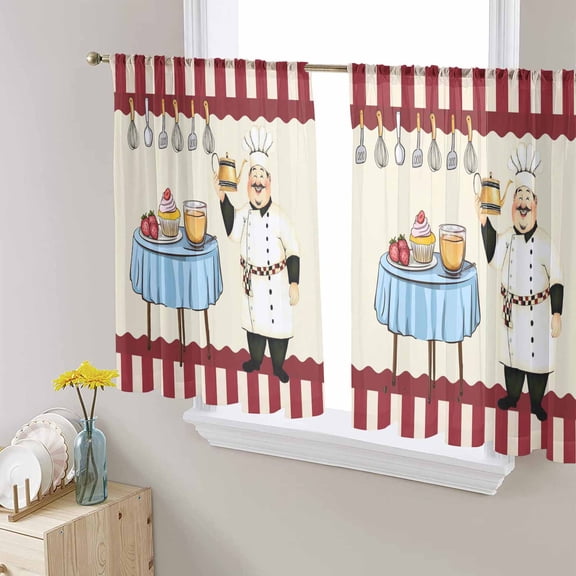 Sheer Curtains 45 Inches Long, Red Fruit Cake Hat Kitchen Gourmet Vintage Light Filtering Window Curtains for Living Room/Bedroom, Chef Rod Pocket Voile Sheer Curtain Drapes, 52"W x 45"L, 2 Panels