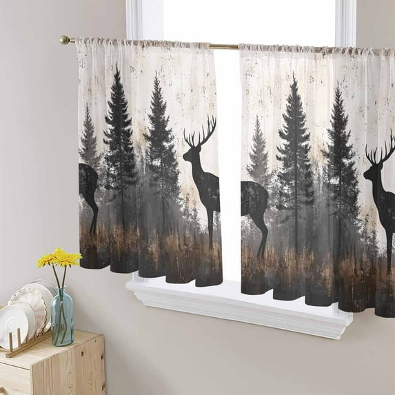Sheer Curtains 45 Inches Long, Rustic Nature Tree Retro Deer Silhouette Light Filtering Window Curtains for Living Room/Bedroom, Forest Elk Rod Pocket Voile Sheer Curtain Drapes, 52"Wx45"L, 2 Panels