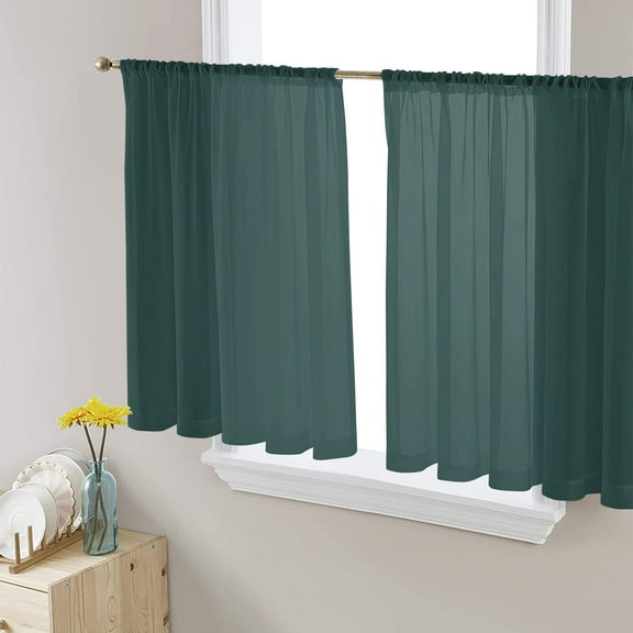 Sheer Curtains 45 Inches Long, Simple Solid Color Light Filtering Window Curtains for Living Room/Bedroom, Pure Dark Green Rod Pocket Voile Sheer Curtain Drapes, 52"W x 45"L, 2 Panels