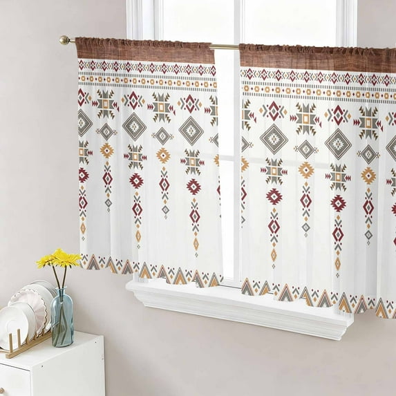 Sheer Curtains 45 Inches Long, Southwest Geometric Light Filtering Window Curtains for Living Room, Western Boho Ethnic Beige Grey Wooden Rod Pocket Voile Sheer Curtain Drapes, 52"W x 45"L, 2 Panels
