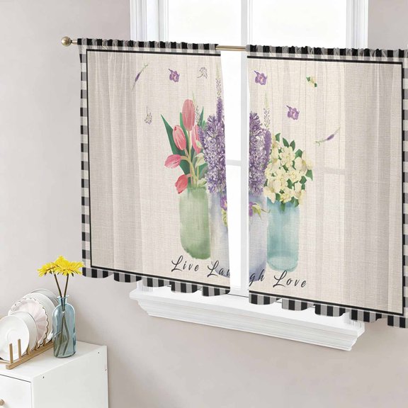 Sheer Curtains 45 Inches Long, Spring Floral Tulip Light Filtering Window Curtains for Living Room/Bedroom, Black Check Buffalo Rod Pocket Voile Sheer Curtain Drapes, 52"W x 45"L, 2 Panels