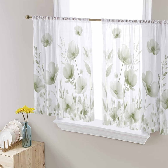 Sheer Curtains 45 Inches Long, Summer Botanical Watercolor Vintage Light Filtering Window Curtains for Living Room, Sage Green Spring Floral Rod Pocket Voile Sheer Drapes, 52"W x 45"L, 2 Panels