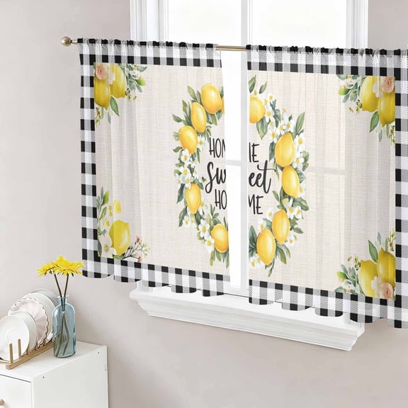 Sheer Curtains 45 Inches Long, Summer Lemon Light Filtering Window Curtains for Living Room/Bedroom, Farmhouse Black Check Plaid Vintage Rod Pocket Voile Sheer Curtain Drapes, 52"W x 45"L, 2 Panels
