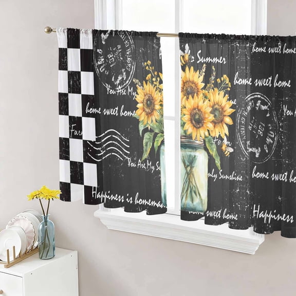 Sheer Curtains 45 Inches Long, Sunflower Light Filtering Window Curtains for Living Room, Black White Check Farmhouse Bee Vase Floral Rod Pocket Voile Sheer Curtain Drapes, 52"W x 45"L, 2 Panels