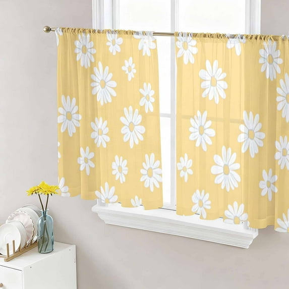 Sheer Curtains 45 Inches Long, White Yellow Daisy Light Filtering Window Curtains for Living Room/Bedroom, Spring Summer Floral Botanical Rod Pocket Voile Sheer Curtain Drapes, 52"W x 45"L, 2 Panels