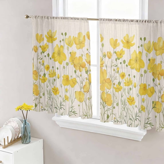 Sheer Curtains 45 Inches Long, Yellow Daisy Light Filtering Window Curtains for Living Room/Bedroom, Rustic Spring Floral Summer Botanical Rod Pocket Voile Sheer Curtain Drapes, 52"W x 45"L, 2 Panels