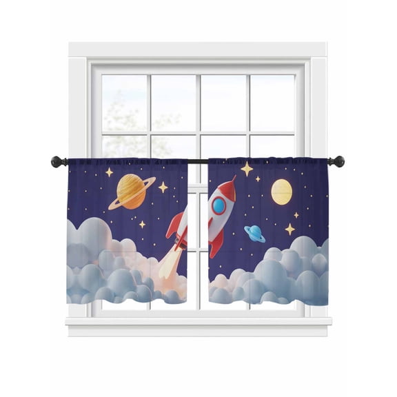Sheer Curtains 45 inches Long 2 Panels Set Cartoon Rocket Cloud Space Stars Cute Planet Classic Tiers Sheers Rod Pocket Small Window Short Curtains for Kitchen Cafe, Each 52" W x 45" L