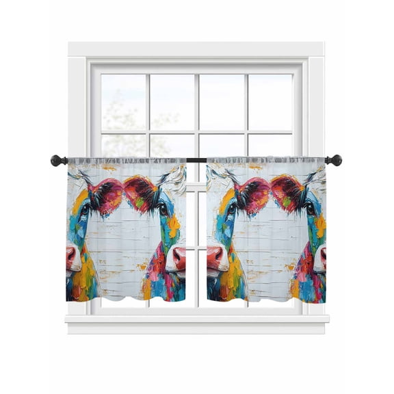 Sheer Curtains 45 inches Long 2 Panels Set Colorful Cow Rustic Animal Abstract Cattle Wood Grain Tiers Sheers Rod Pocket Small Window Short Curtains for Kitchen Cafe, Each 52" W x 45" L