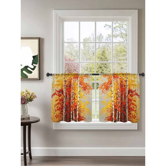 Sheer Curtains 45 inches Long 2 Panels Set Fall Watercolor Forest Orange Trees Maple Tree Tiers Sheers Rod Pocket Small Window Short Curtains for Kitchen Cafe, Each 52" W x 45" L