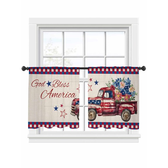 Sheer Curtains 45 inches Long 2 Panels Set Independence Day God Bless American Red Truck Flowers Linen Tiers Sheers Rod Pocket Small Window Short Curtains for Kitchen Cafe, Each 52" W x 45" L