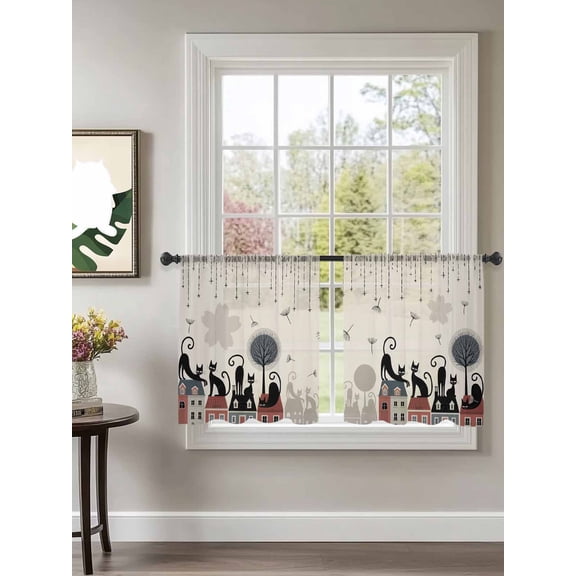 Sheer Curtains 45 inches Long 2 Panels Set Japanese Harmony Cat Dandelion Houses Cartoon Tiers Sheers Rod Pocket Small Window Short Curtains for Kitchen Cafe, Each 52" W x 45" L