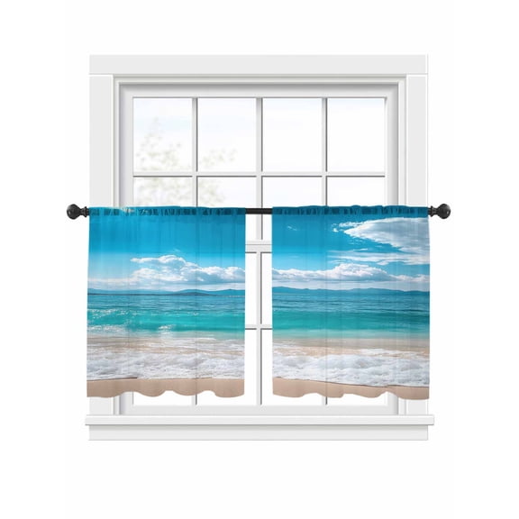 Sheer Curtains 45 inches Long 2 Panels Set Ocean Sea Wave Blue Sky White Cloud Beach Sandy Modern Tiers Sheers Rod Pocket Small Window Short Curtains for Kitchen Cafe, Each 52" W x 45" L