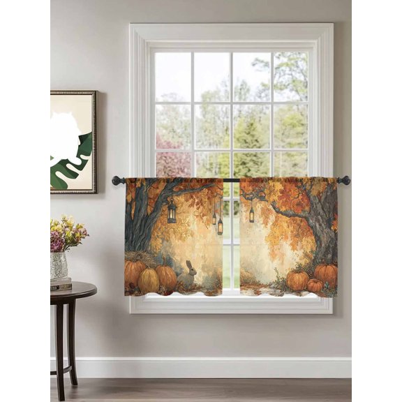 Sheer Curtains 45 inches Long 2 Panels Set Pumpkin Rabbit Fall Forest Fallen Leaves Thanksgiving Tiers Sheers Rod Pocket Small Window Short Curtains for Kitchen Cafe, Each 52" W x 45" L