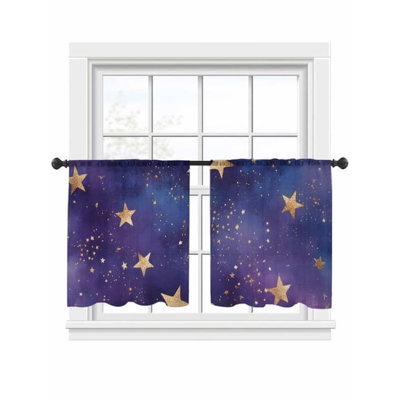 Sheer Curtains 45 inches Long 2 Panels Set Retro Dream Gold Star Universe Space Starry Sky Farmhouse Tiers Sheers Rod Pocket Small Window Short Curtains for Kitchen Cafe, Each 52" W x 45" L