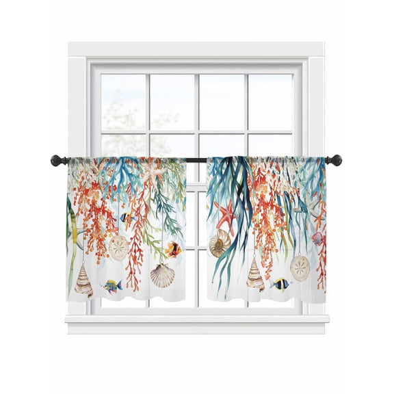 Sheer Curtains 45 inches Long 2 Panels Set Summer Coastal Coral Seaweed Shell Starfish Fish Nautical Tiers Sheers Rod Pocket Small Window Short Curtains for Kitchen Cafe, Each 52" W x 45" L