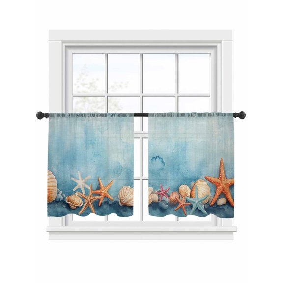 Sheer Curtains 45 inches Long 2 Panels Set Summer Ocean Watercolor Starfish Shell Linen Texture Tiers Sheers Rod Pocket Small Window Short Curtains for Kitchen Cafe, Each 52" W x 45" L