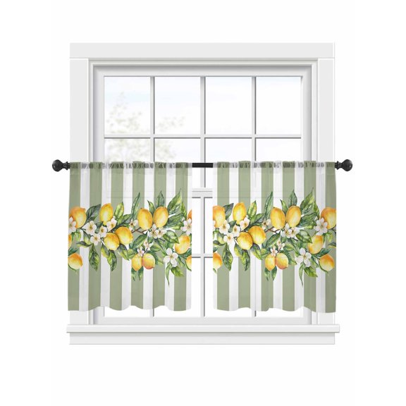 Sheer Curtains 45 inches Long 2 Panels Set Summer Plant Retro Yellow Lemon Leaf Green Stripe Tiers Sheers Rod Pocket Small Window Short Curtains for Kitchen Cafe, Each 52" W x 45" L