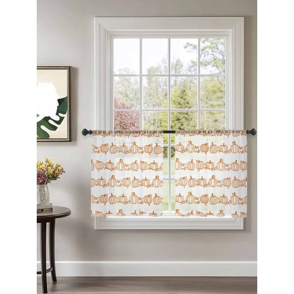 Sheer Curtains 45 inches Long 2 Panels Set Thanksgiving Fall Line Pumpkin White Background Tiers Sheers Rod Pocket Small Window Short Curtains for Kitchen Cafe, Each 52" W x 45" L