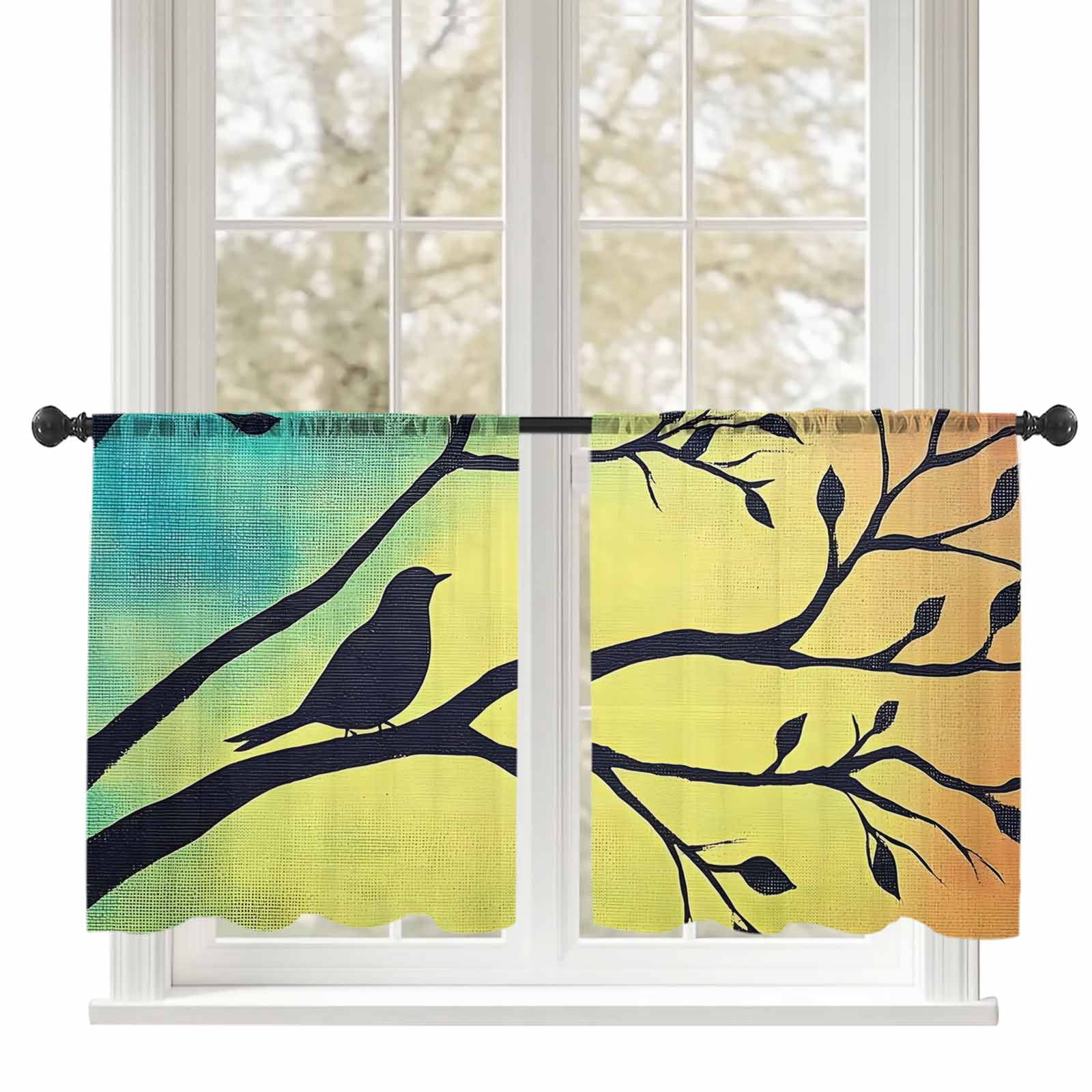 Sheer Curtains 45 inches Long, Birds on Tree Gradient Background Retro