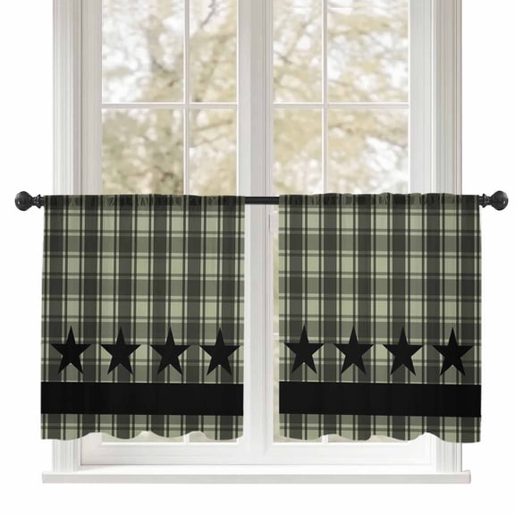 Sheer Curtains 45 inches Long, Checkered Art Abstract Sage Green Plaid Stars Decor Light Filtering Sheer Window Curtains Rod Pocket Voile Drapes for Bedroom Living Room, 52"W x 45"L 2 Panels