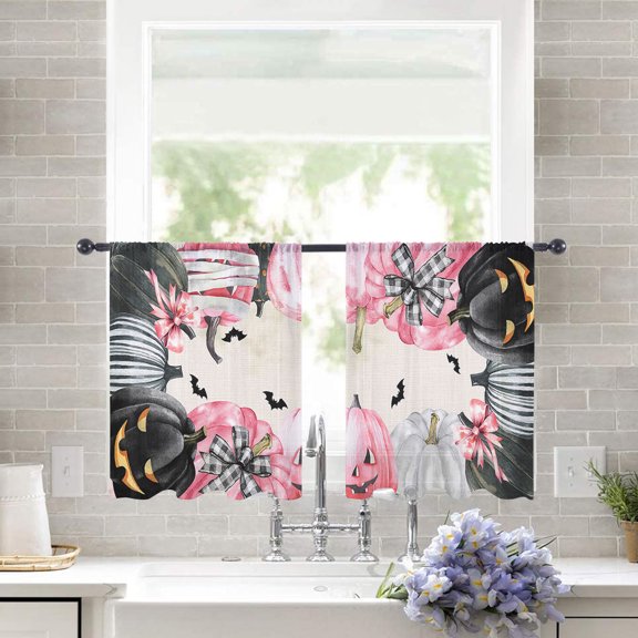 Sheer Curtains 45 inches Long, Christmas Eve Evil Painted Pumpkin Light Filtering Sheer Window Curtains Rod Pocket Voile Drapes for Bedroom Living Room, 52"W x 45"L 2 Panels