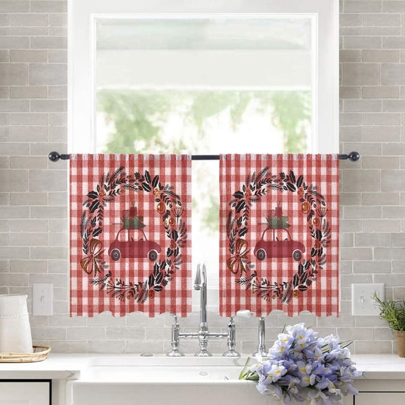 Sheer Curtains 45 inches Long, Christmas Leaves Red Truck Gift Light Filtering Sheer Window Curtains Rod Pocket Voile Drapes for Bedroom Living Room, 52"W x 45"L 2 Panels