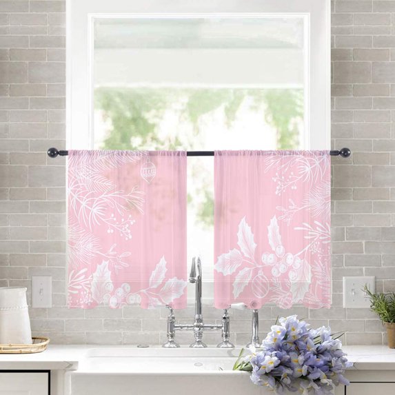 Sheer Curtains 45 inches Long, Christmas Pine Needles Leaves Pink Light Filtering Sheer Window Curtains Rod Pocket Voile Drapes for Bedroom Living Room, 52"W x 45"L 2 Panels
