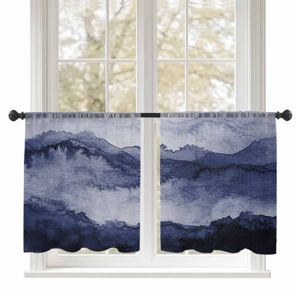 Sheer Curtains 45 inches Long, Deep Blue Mountain Gradient Watercolor Texture Abstract Art Light Filtering Sheer Window Curtains Rod Pocket Voile Drapes for Bedroom Living Room, 52"W x 45"L 2 Panels