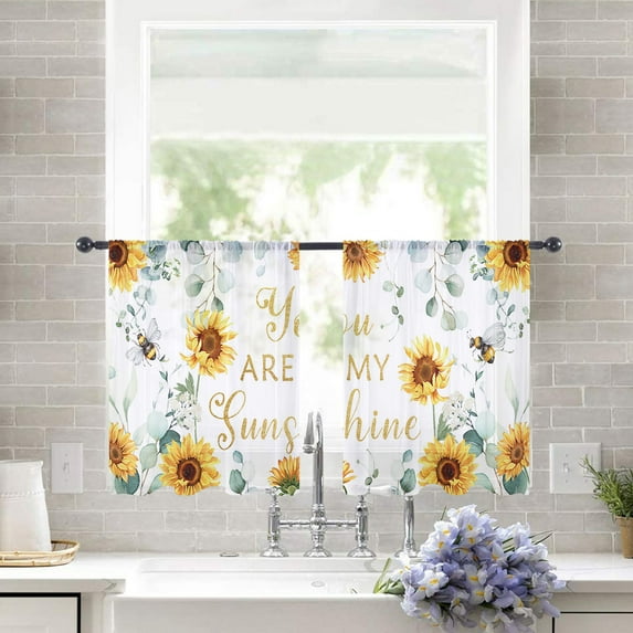 Sheer Curtains 45 inches Long, Eucalyptus Leaves Sunflowers Bees Summer Light Filtering Sheer Window Curtains Rod Pocket Voile Drapes for Bedroom Living Room, 52"W x 45"L 2 Panels
