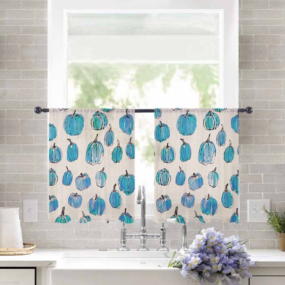 Sheer Curtains 45 inches Long, Fall Thanksgiving Blue Pumpkin Simple Lines Linen Light Filtering Sheer Window Curtains Rod Pocket Voile Drapes for Bedroom Living Room, 52"W x 45"L 2 Panels