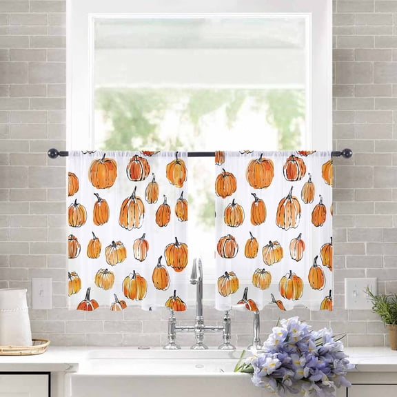Sheer Curtains 45 inches Long, Fall Thanksgiving Orange Pumpkin Simple Lines Light Filtering Sheer Window Curtains Rod Pocket Voile Drapes for Bedroom Living Room, 52"W x 45"L 2 Panels